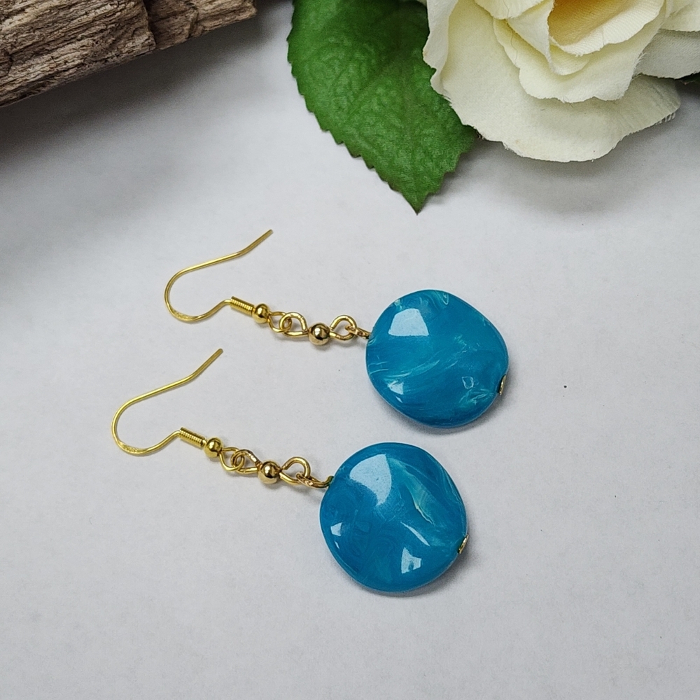 Hand Crafted Elegant Blue and Gold Toned Dangle Drop Earrings